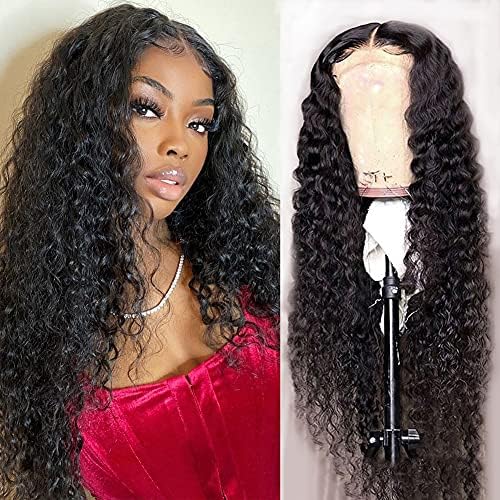 Water Wave 4x4 Lace Front Wigs Human Hair Pre Plucked, 180% Density Brazilian Virgin Wet and Wavy Wigs for Black Women Curly Wig with Baby Hair Natural Color 24 Inch