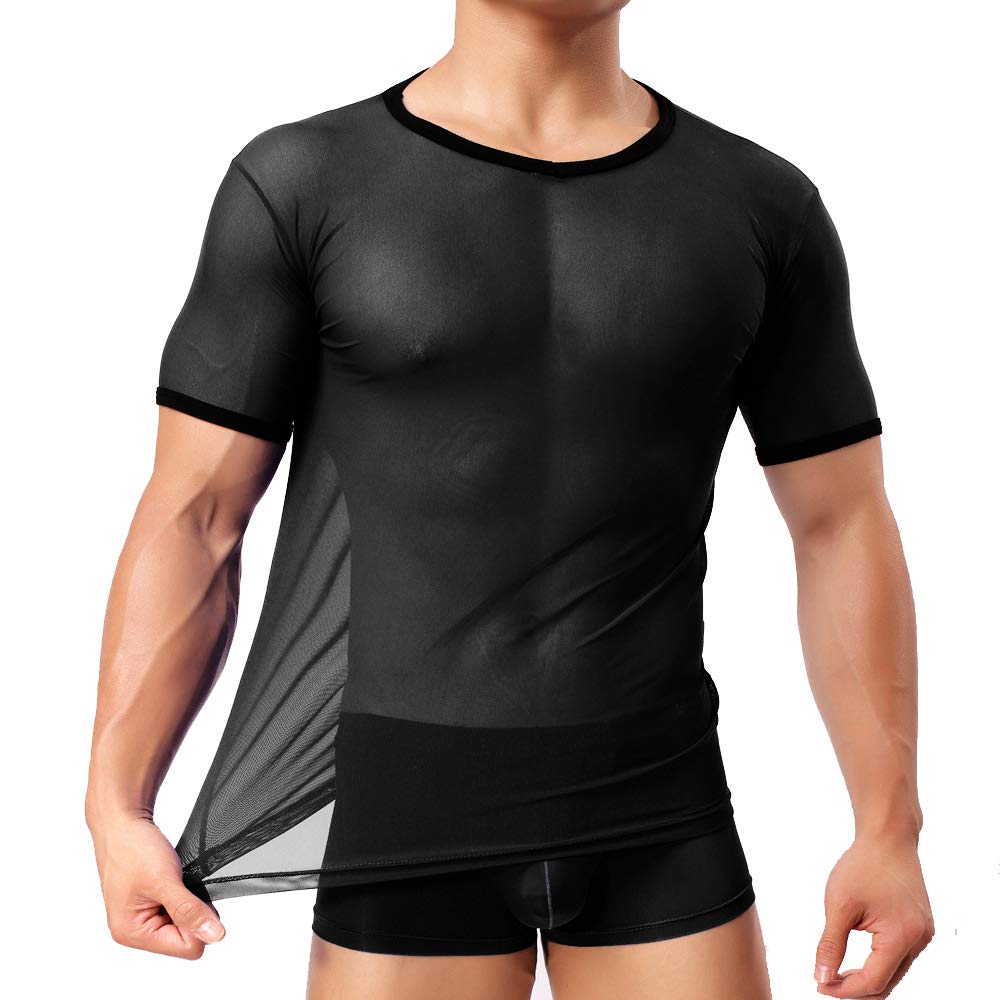 Sandbank Men's Black # Short Sleeve Sexy Underwear T-Shirt Long Sleeve Mesh Sheer Top Undershirt Nightwear (Xl, )