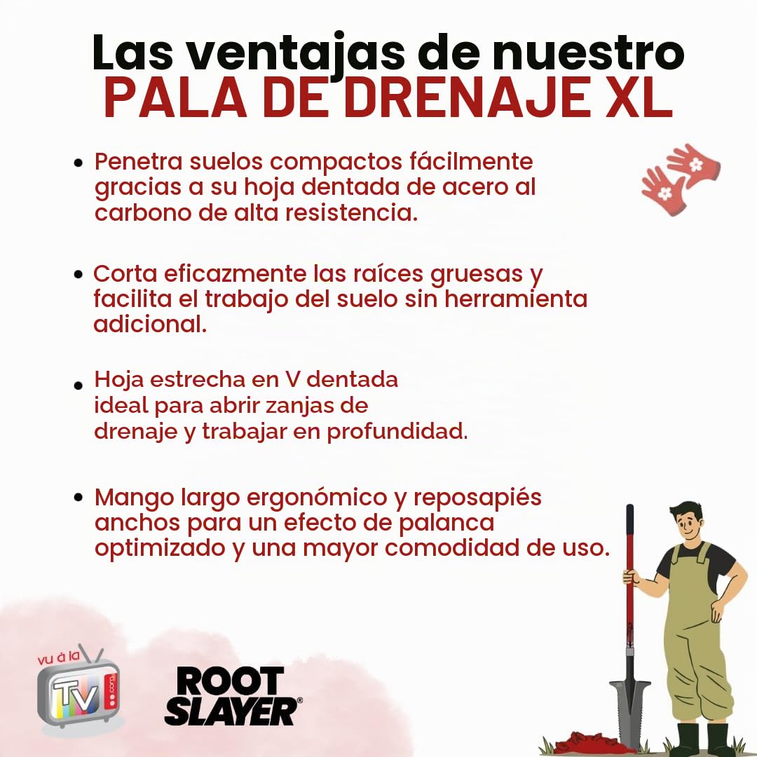 Pala de Drenaje con Mango XL - ROOTSLAYER - VENTEO - Hoja en V invertida - Dientes Ultra afilados de Acero al Carbono