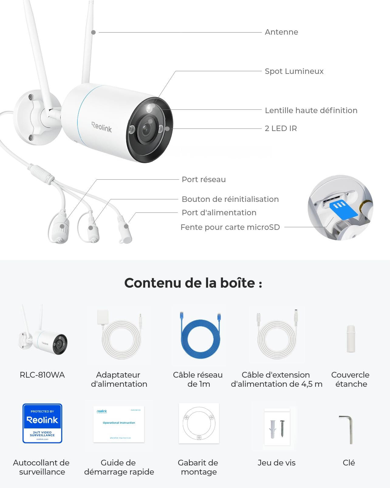 Reolink 4K Wi-Fi 6 Caméra Surveillance Extérieure, Détection Personne/Véhicule/Animal, Caméra IP Filaire 2,4/5 GHz, Vision Nocturne en Couleur, Boîtier Métallique IP67, Audio Bidirectionnel, RLC-810WA