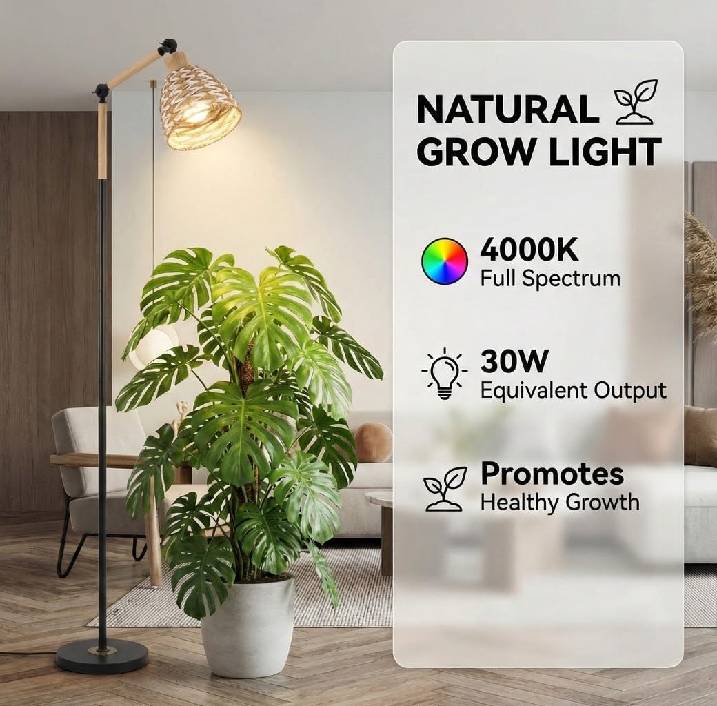 Full Spectrum Standing Grow Light for Indoor Plants – 30W 4000K LED Light with Adjustable Height (15–70in), Adjustable Angle, Timer, Weighted Base