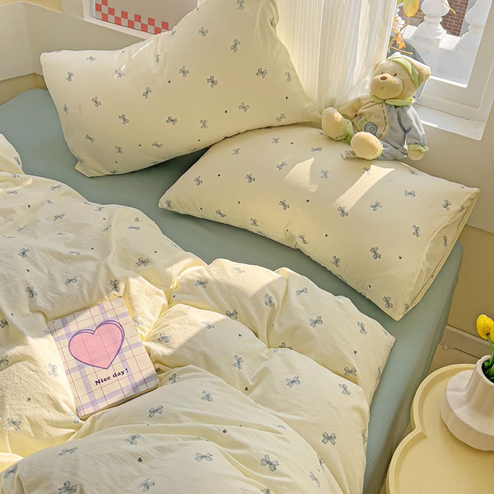 Nyescasa Blue Bow Duvet Cover Sets Double Size Blue Bows Heart Bow Tie Cute Washed Microfiber Bedding Set Aesthetic Teen Girls Women Quilt Cover 200x200 with Zipper Closure and 2 Pillowcases 50x75 cm โ image 1