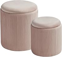 Vista 22 de Juego de 2 Otomanas Redondas con Almacenamiento - Taburete de Tocador de Terciopelo Tapizado para Maquillaje - Otomanas Multifuncionales para Mesa