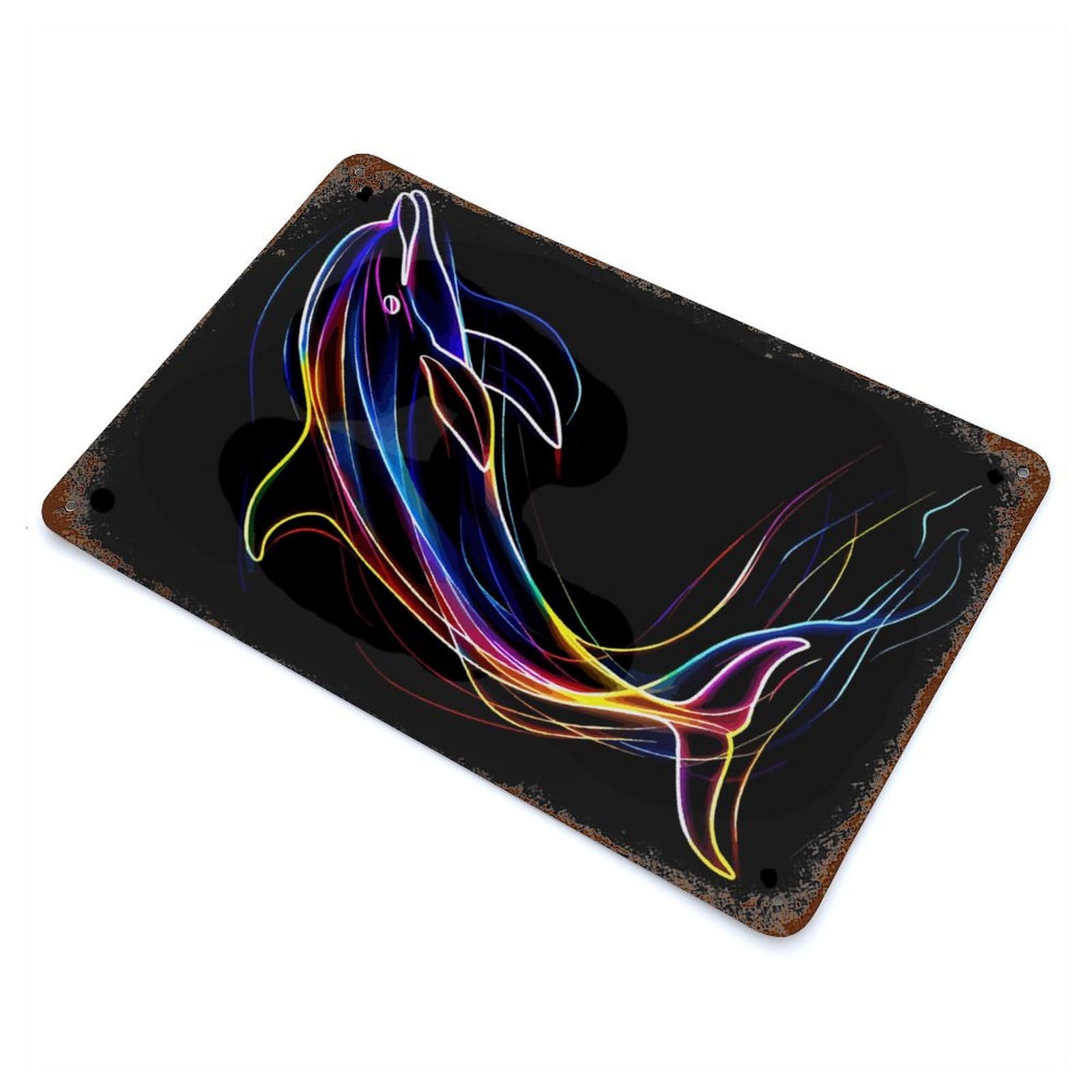 Neon Dolphin on Black Background Weathered Tin Sign 11.8"x7.9", Novelty Wall Decor for Garage, Pub Or Kitchen
