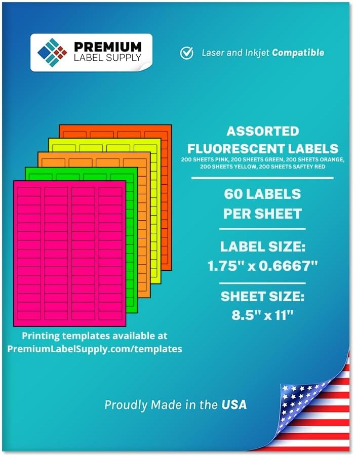 Premium Label Supply Bright Neon Color Fluorescent Sticker Labels - 1.75" x 0.6667" Return Address Labels - (Assorted Fluorescent, 6000 Labels)