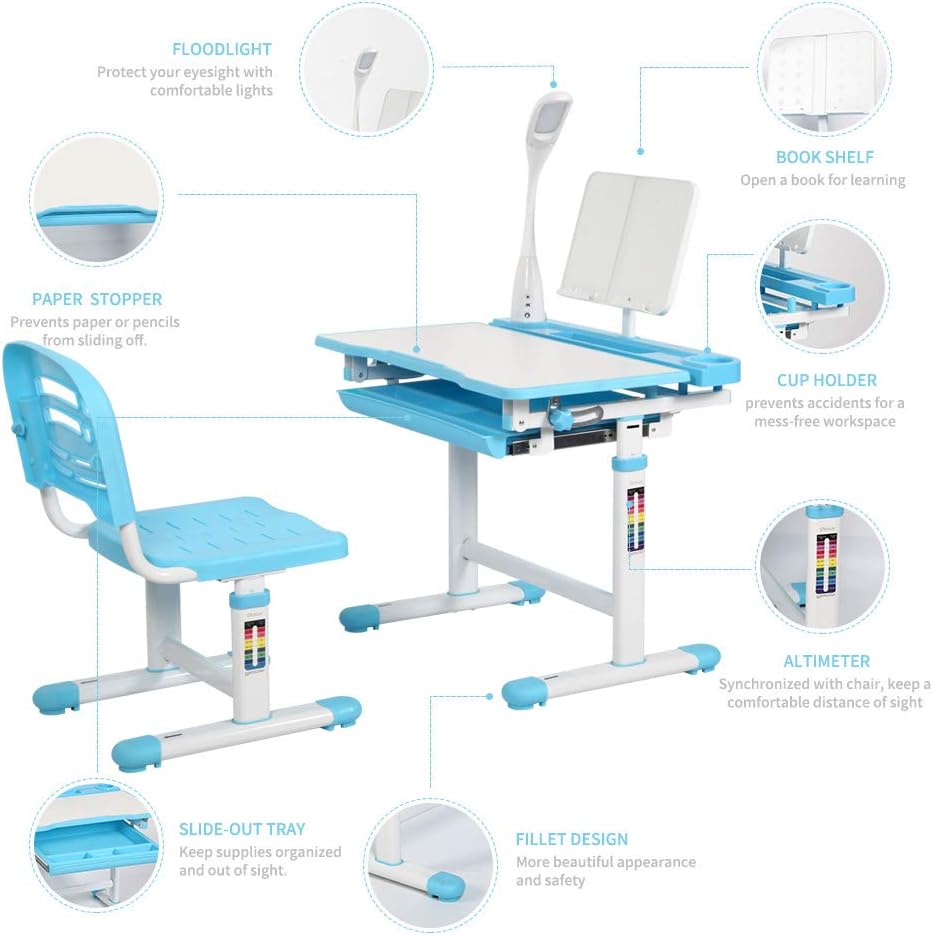 Diroan Kids Functional Desk and Chair Set, Height Adjustable Children School Study Desk with Tilt Desktop, Book Stand, LED Light, Metal Hook and Storage Drawer for Boys Girls Blue