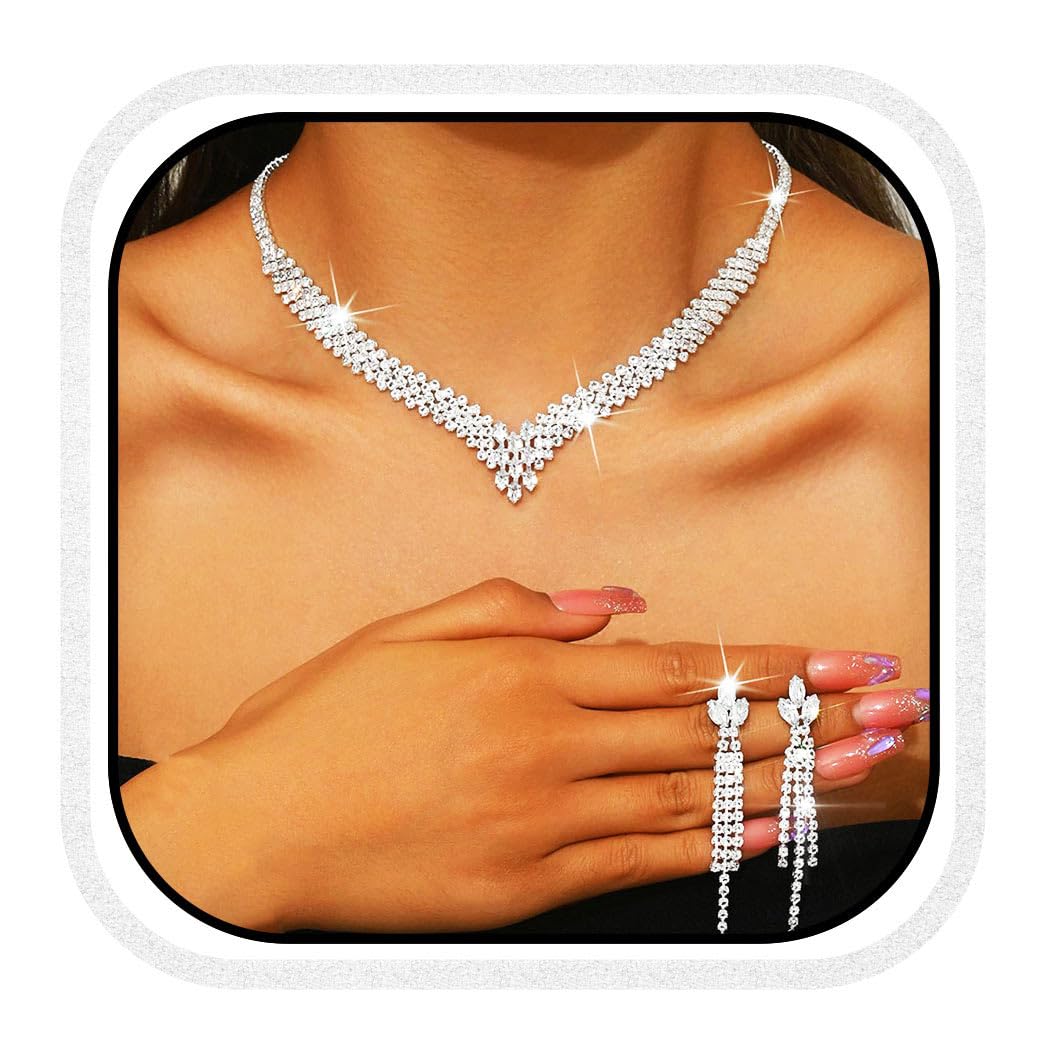 Aukmla Bridal Jewelry Set Silver Rhinestones Bride Wedding Necklace Earring Sets Prom Necklaces for Women