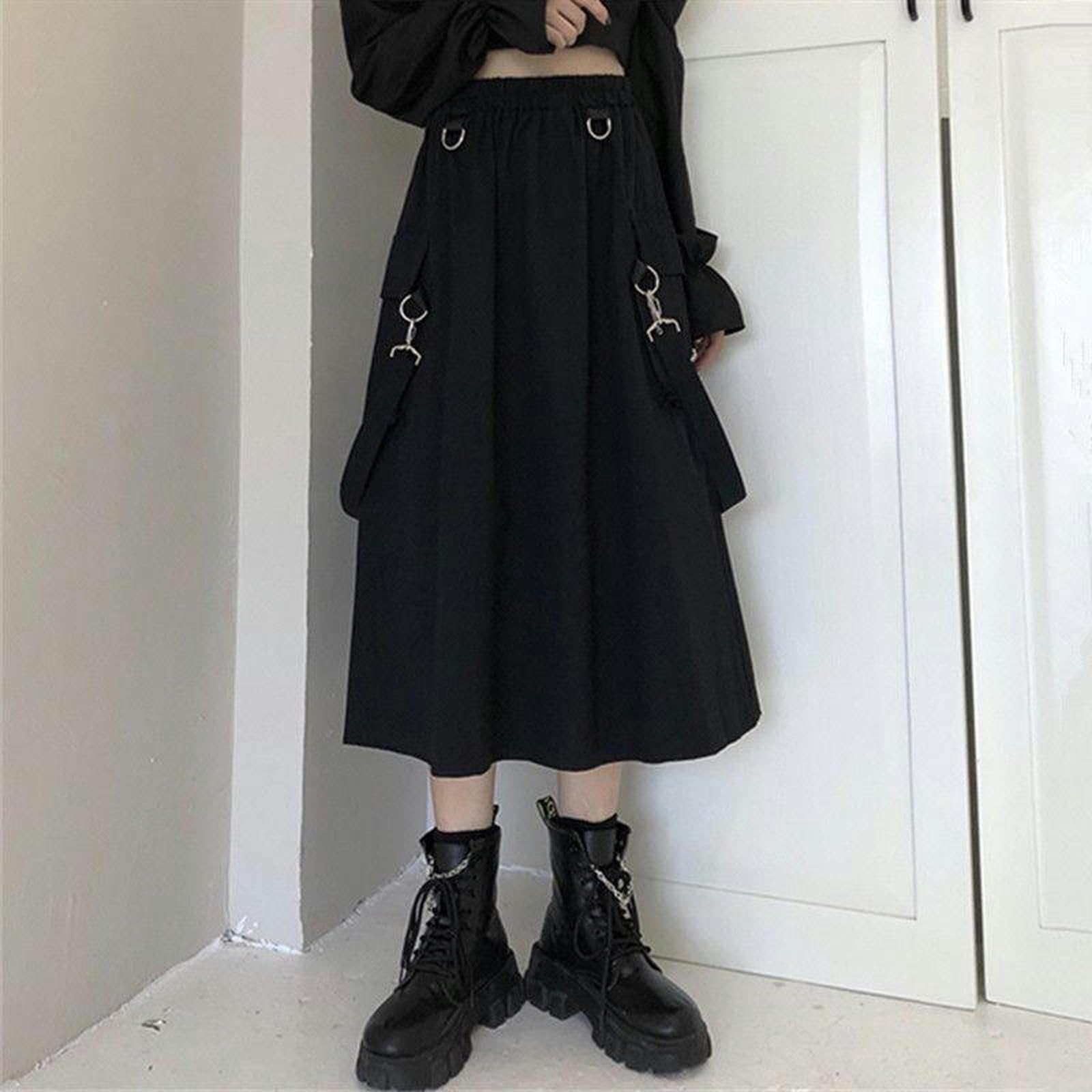 Falda de Verano para niñas, Estilo Harajuku, Falda Blanca, Negra (con Cadena) - XL