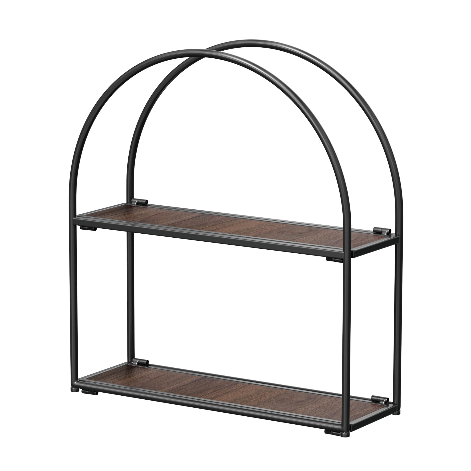 crofy black arched frame wall shelf, decorative 2 tier bathroom wall shelf with walnut finish shelves and robust storage capacity, 6" d x 17.9" w x 19.18" h