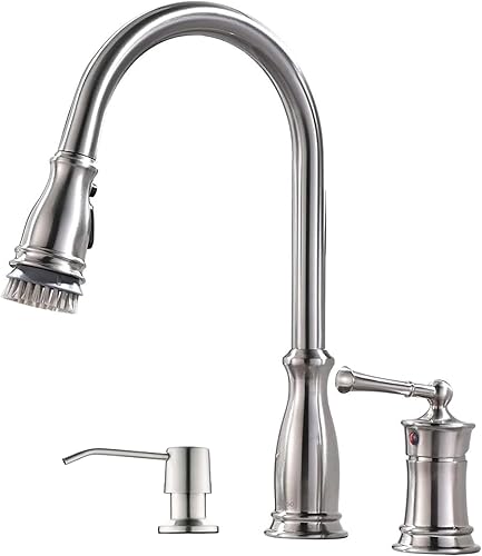 APPASO Grifo de cocina de 3 agujeros con rociador desplegable de níquel cepillado, 3 piezas de grifo de fregadero de cocina con dispensador de jabón