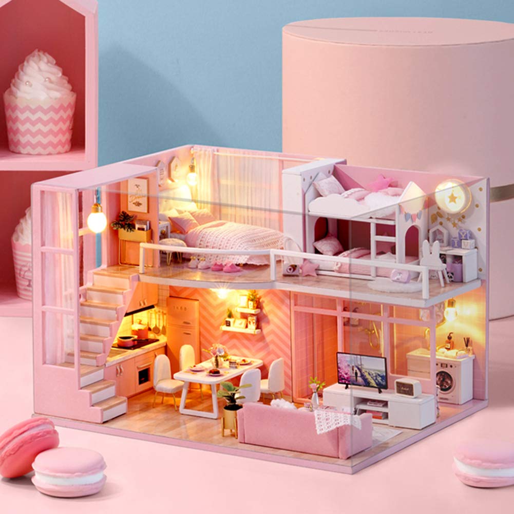 Generic Kit per Casa delle Bambole Rosa Fai-da-te Modello di Casa delle Bambole in Miniatura in Legno Fatto a Mano Carino per la Decorazione Domestica e Materiale Ecologico Regalo per Bambini