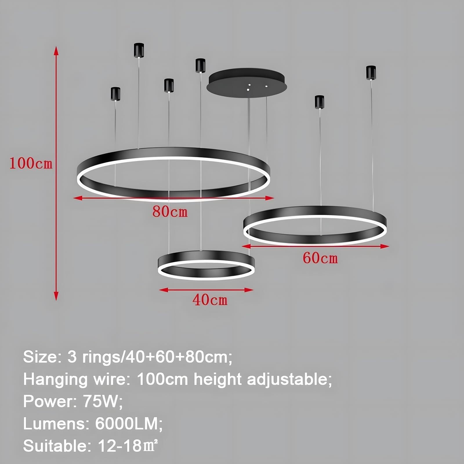 Moderner LED-Kronleuchter DIY Kreis LED-Pendelleuchte Metall + Acryl Fernbedienung Dimmbar Runde Deckenleuchte Wohnzimmer Schlafzimmer(Nero,B-40+60+80CM)