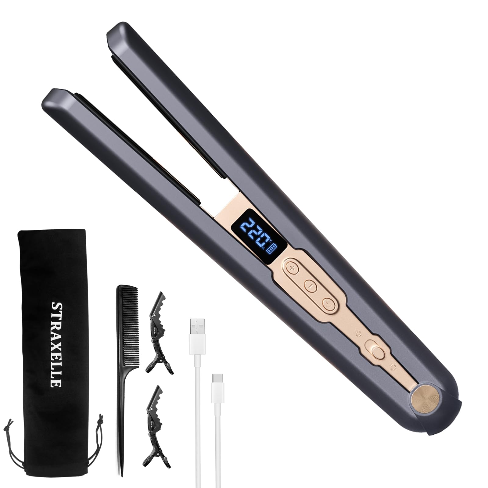 Piastra e Arricciacapelli 2 in 1 Senza Fili, 10000mAh Piastra Capelli, Display LED con 4 Temperature (160°C-220°C), Ioni Negativi Cordless Hair Straightener Senza Fili Ideale per Viaggio (Blu Scuro)