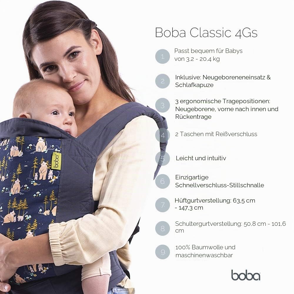 Boba Classic Babytrage ab Geburt, 3-20 kg, Marineblau | Komforttrage mit Schnellverschlüssen, Ergonomische Bauch- oder Rückentrage, den ganzen Tag die Hände frei.