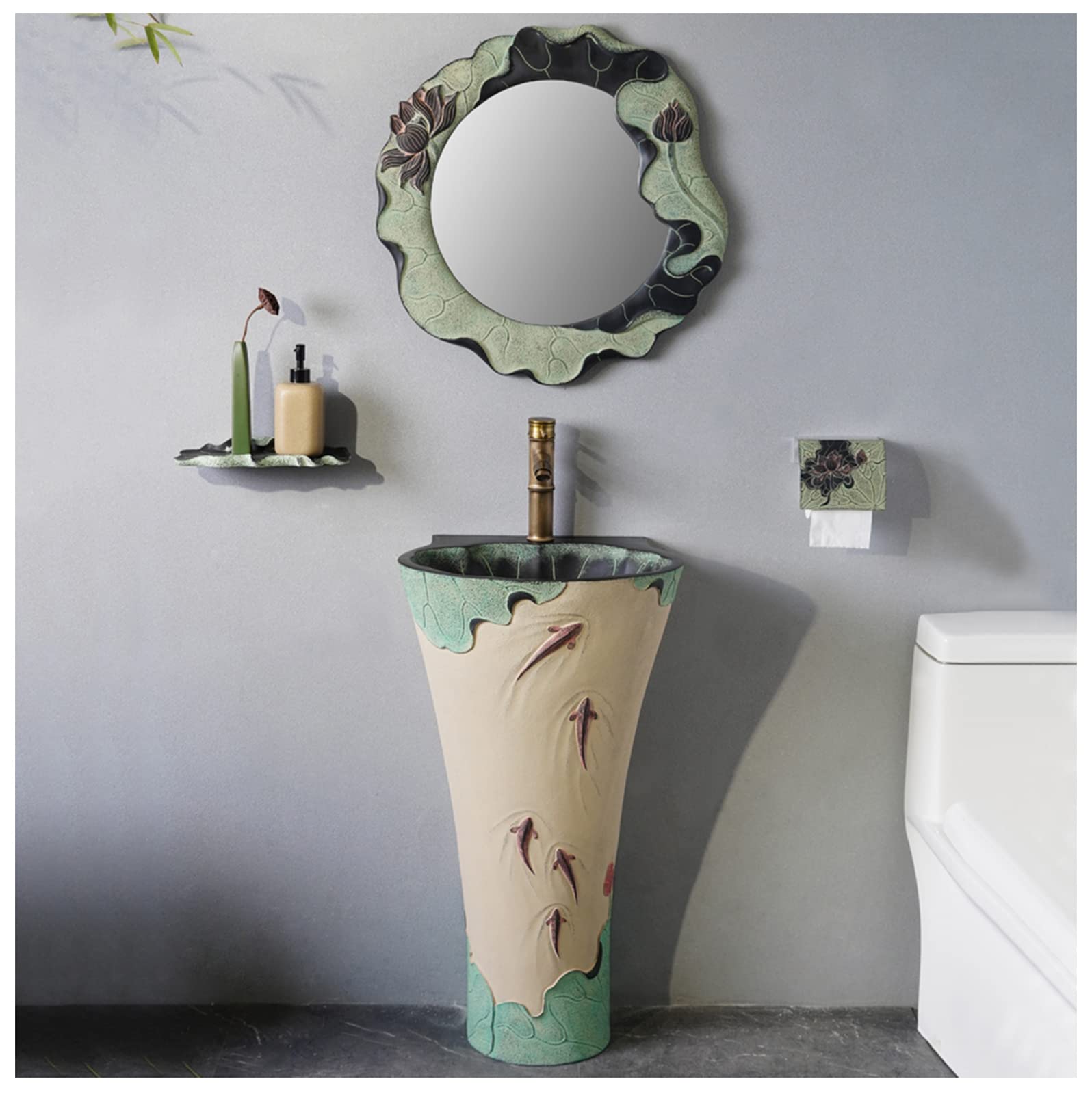 SnamicE Lavabo de Pedestal Art Lotus para baño, Lavabo de Pedestal de Resina + Material Tallado a Mano para Interior y Exterior, Resistente a arañazos y Manchas, con Espejo (EST,-with Mirror(A Style)