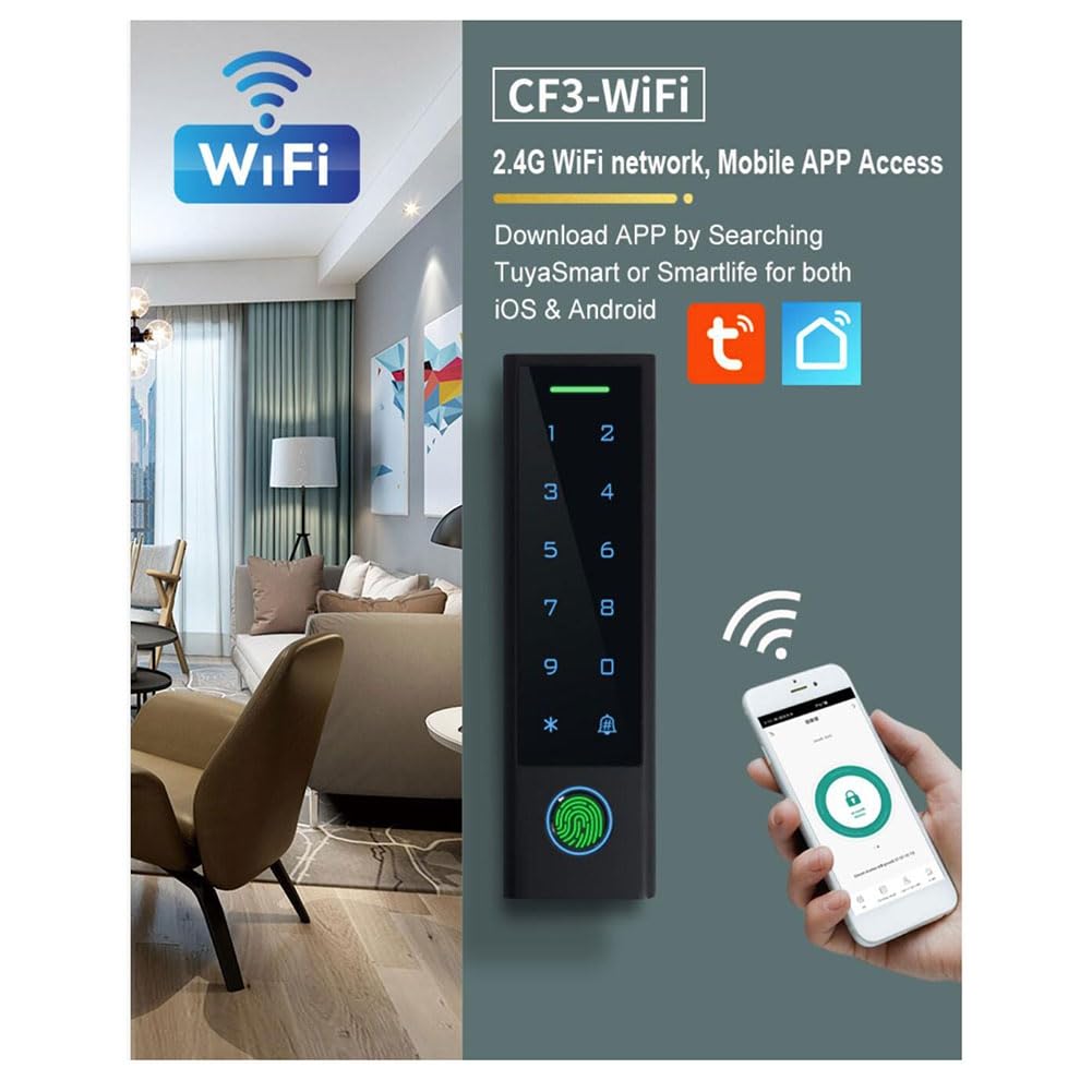 de Entrada de Puerta con Teclado Delgado de Plástico Negro Tuya WiFi TTLock, Controlador de Acceso con Huella Dactilar, Lector de Tarjetas de 125 KHz