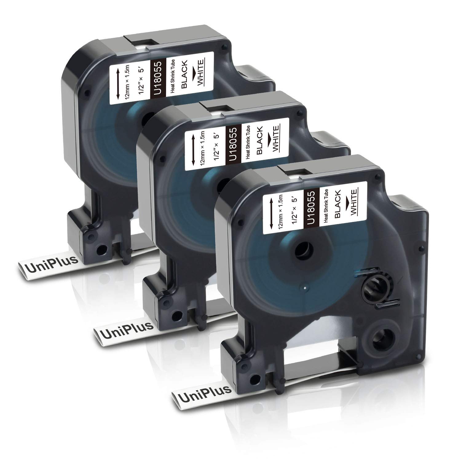 UniPlus 3x Compatibile per Dymo 18055 S0718300 Rhino Tubo Termoretraibile 12mm Nastro per Etichette Industriali Cassette per Dymo Rhino 5200 4200 5000 1000 3000 6000, Nero su Bianco, 12mm x 1.5m