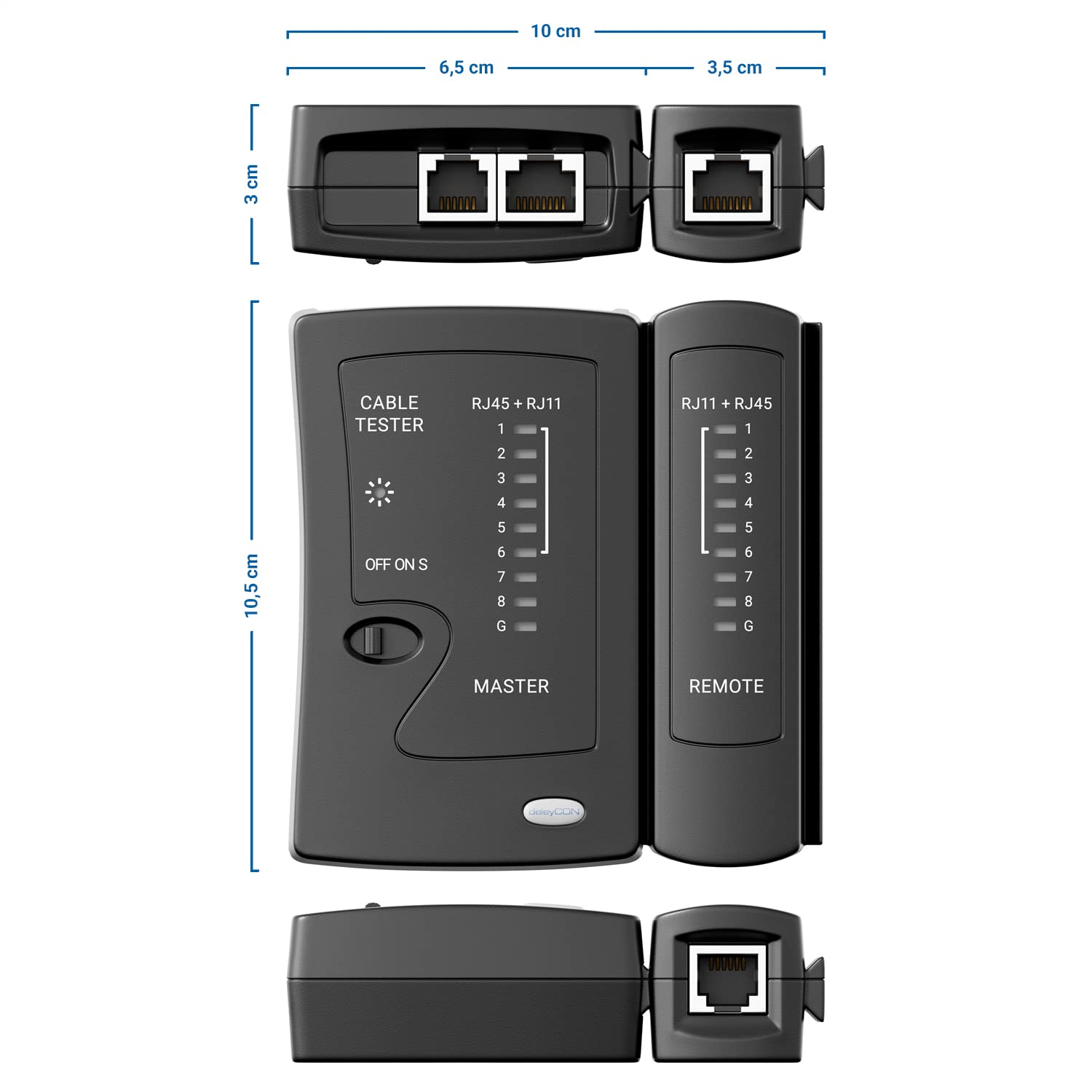 deleyCON Probador de Cable de Red RJ11 RJ12 RJ45 ISDN LAN Cable de Red Cable de Conexión CAT6 CAT7 CAT8 Comprobador de Cables - Negro