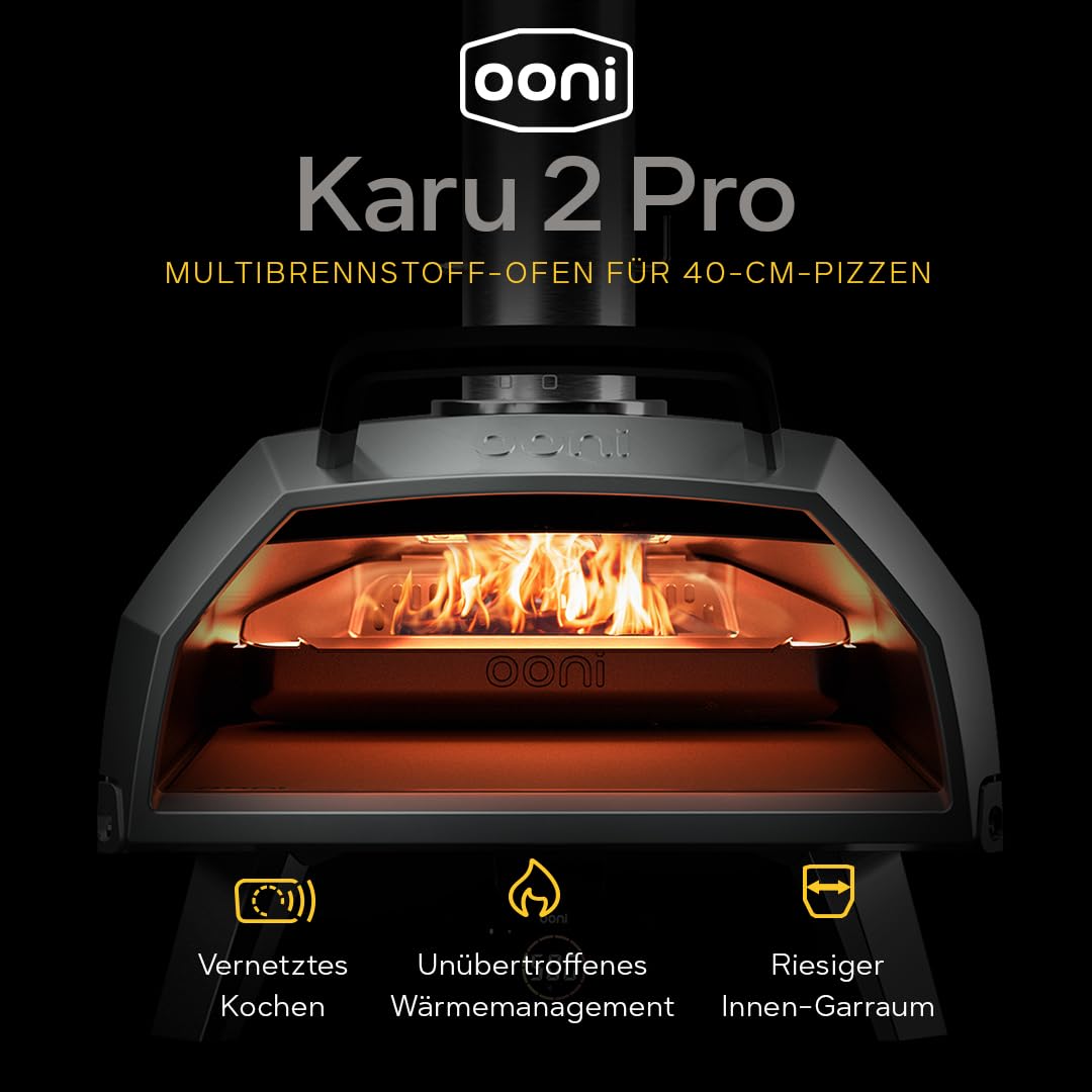 Ooni Karu 2 Pro Multi-Brennstoff Pizzaofen Set inkl. 14 Zoll Pizzaschaufel – Smart Outdoor Gas & Holz Pizza Ofen 16" – Großes Karu 2 Pro Bundle mit Pizzaheber