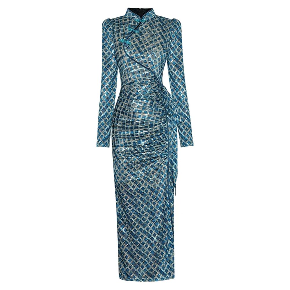 Women Stand Collar Pencil Dress Long Sleeve Rhinestones Buttons Plaid Print Folds Long Dresses
