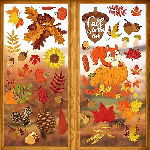 Fall Window Clings for Glass Thanksgiving Clings Decor for Windows Autumn Clings for Windows Fall Window Stickers Thanksgiving Autumn Home Office Decorations for Indoor Outdoor, School Home Supplies