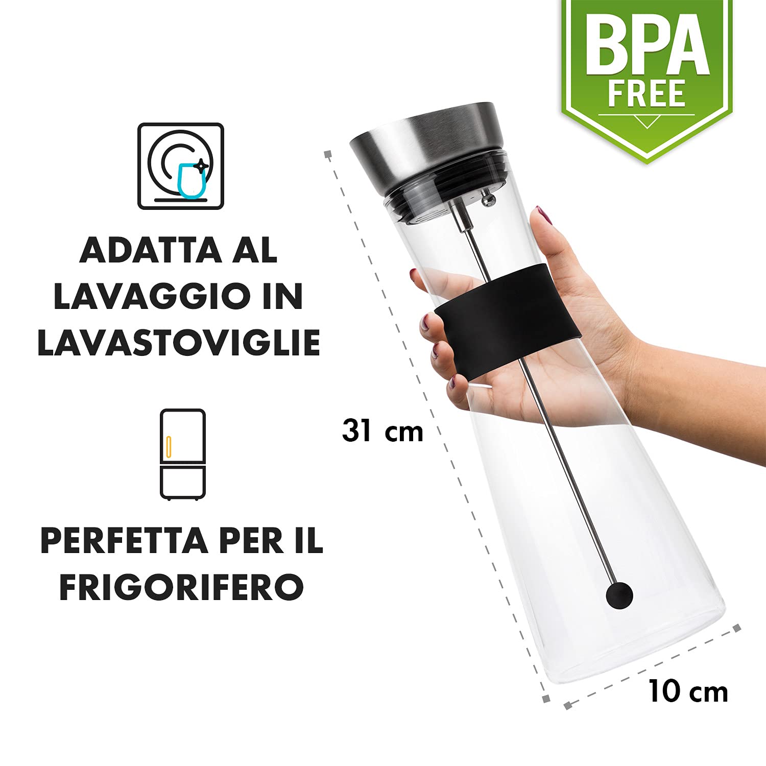 Caraffa di Design - Brocca con Spiedo per Frutta, Coperchio e Impugnatura in Acciaio Inox, Elegante Caraffa per l'Acqua in Vetro Borosilicato, 1 L
