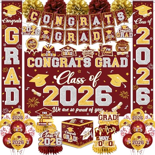 Graduation Decorations Class of 2026 Maroon and Gold Graduation Decorations with Congrats Grad Banner Backdrop Porch Sign Balloons Hanging Swirls Honeycomb Centerpieces Box for Graduation Party Decor