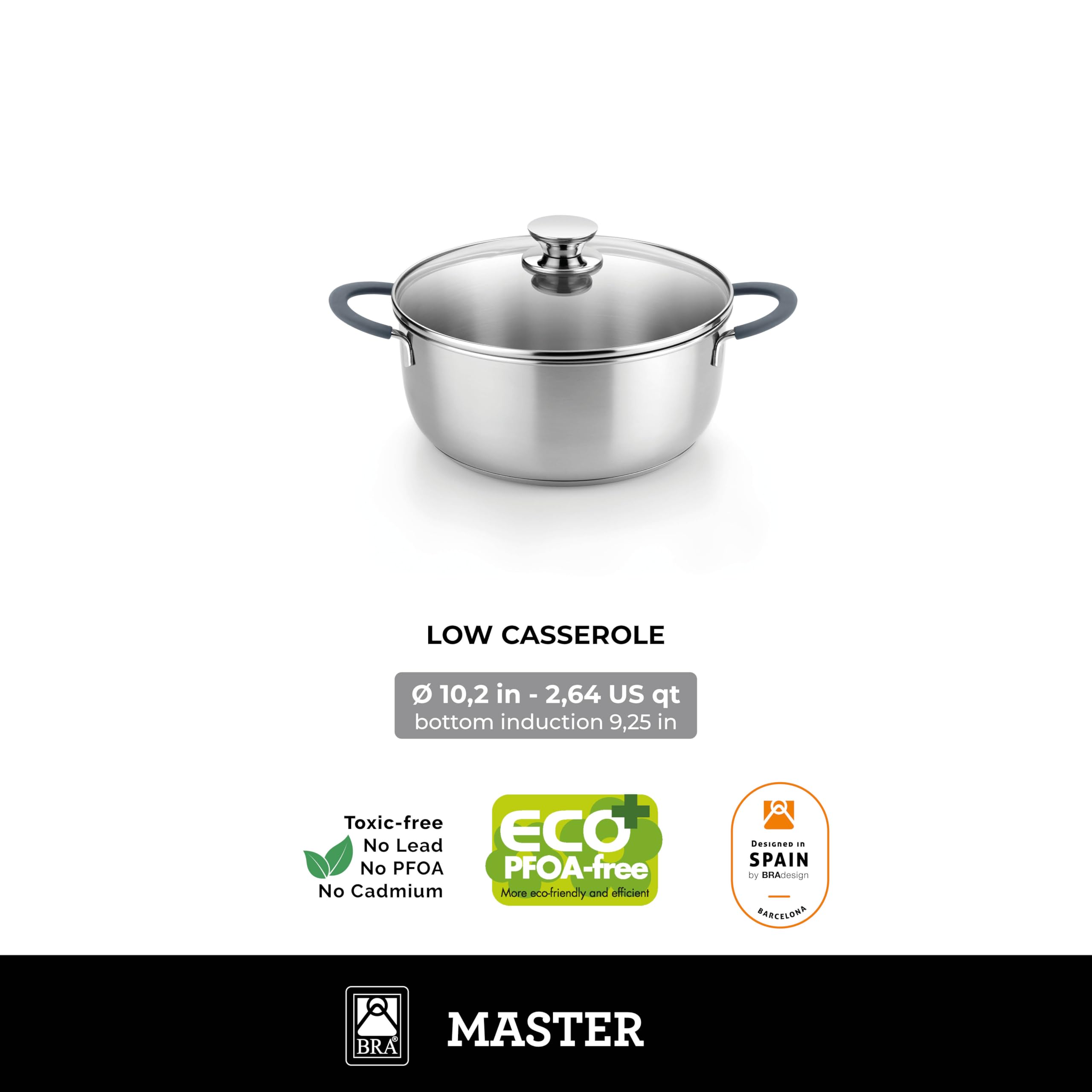 BRA COOKWARE Master Sauté Pan w/Glass Lid | 11 inches - 4 quarts Professional Low Casserole | Stainless Steel Sauté Pan | All Stovetop Compatible - Full Induction | PFAS Free | Shiny Finish