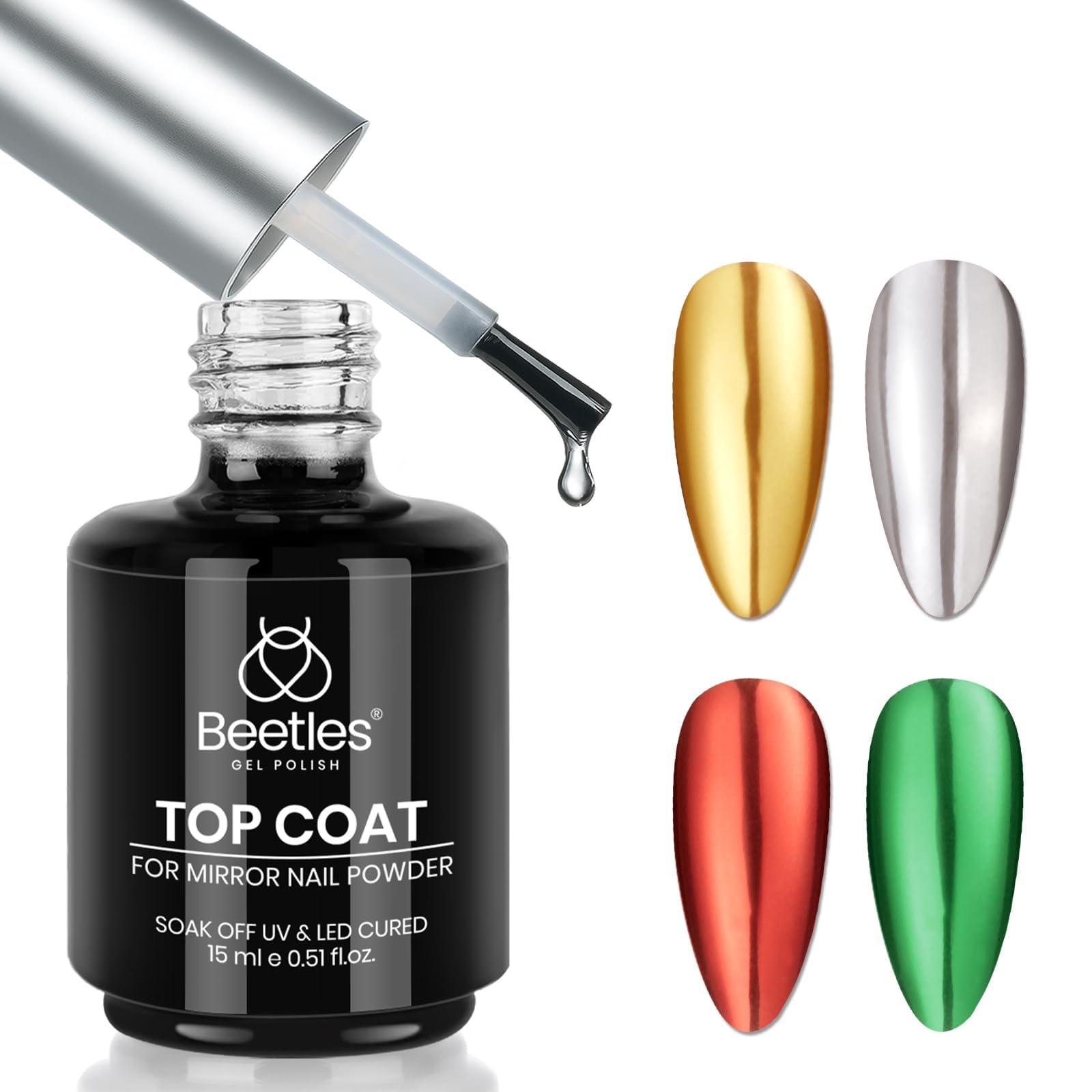 Beetles Gel Top Coat for Chrome Nail Powder: 15ml Mirror Shiny Chrome No Wipe