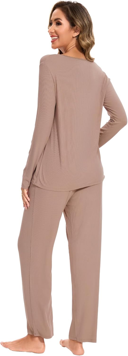 GYS Womens Pajama Sets Viscose from Bamboo Long Sleeve Pleated Tops and Lounge Pants with Pockets Soft Knit Sleepwear Pjs - Image 3