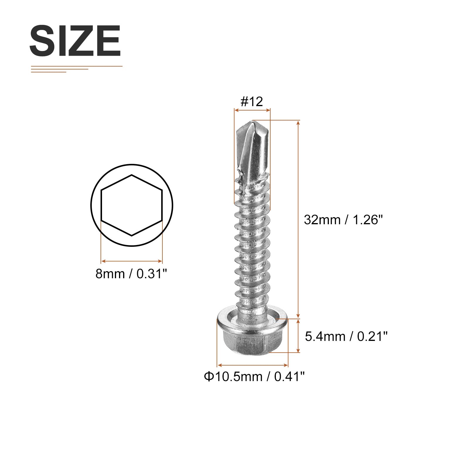 DTGN #12x1-1/4" Hex Washer Head Self Drilling Screws, 50Pack, Good for Machine, 410 Stainless Steel - Image 2