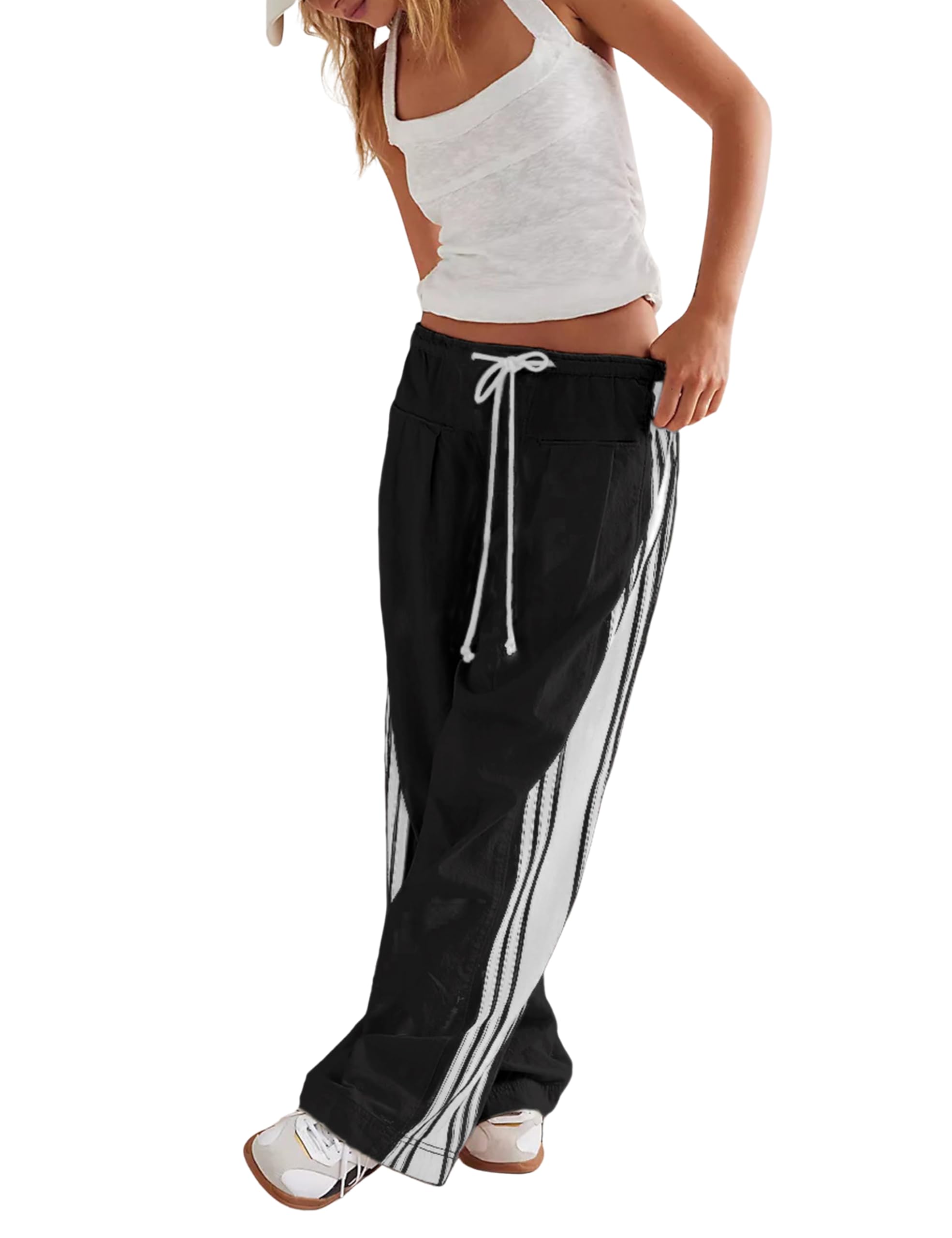 Hongsui Women's Wide Leg Pants Drawstring High Rise Side Striped Slouchy Palazzo Pants with Pockets
