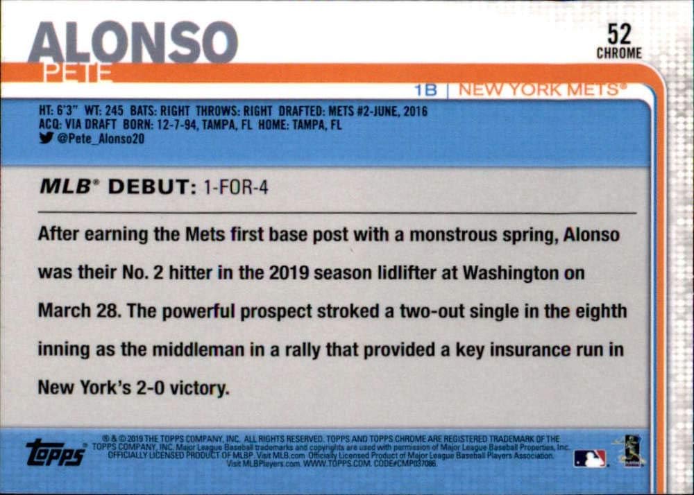 2019 Topps Update Chrome #52 Pete Alonso New York Mets Rookie Debut Baseball Card