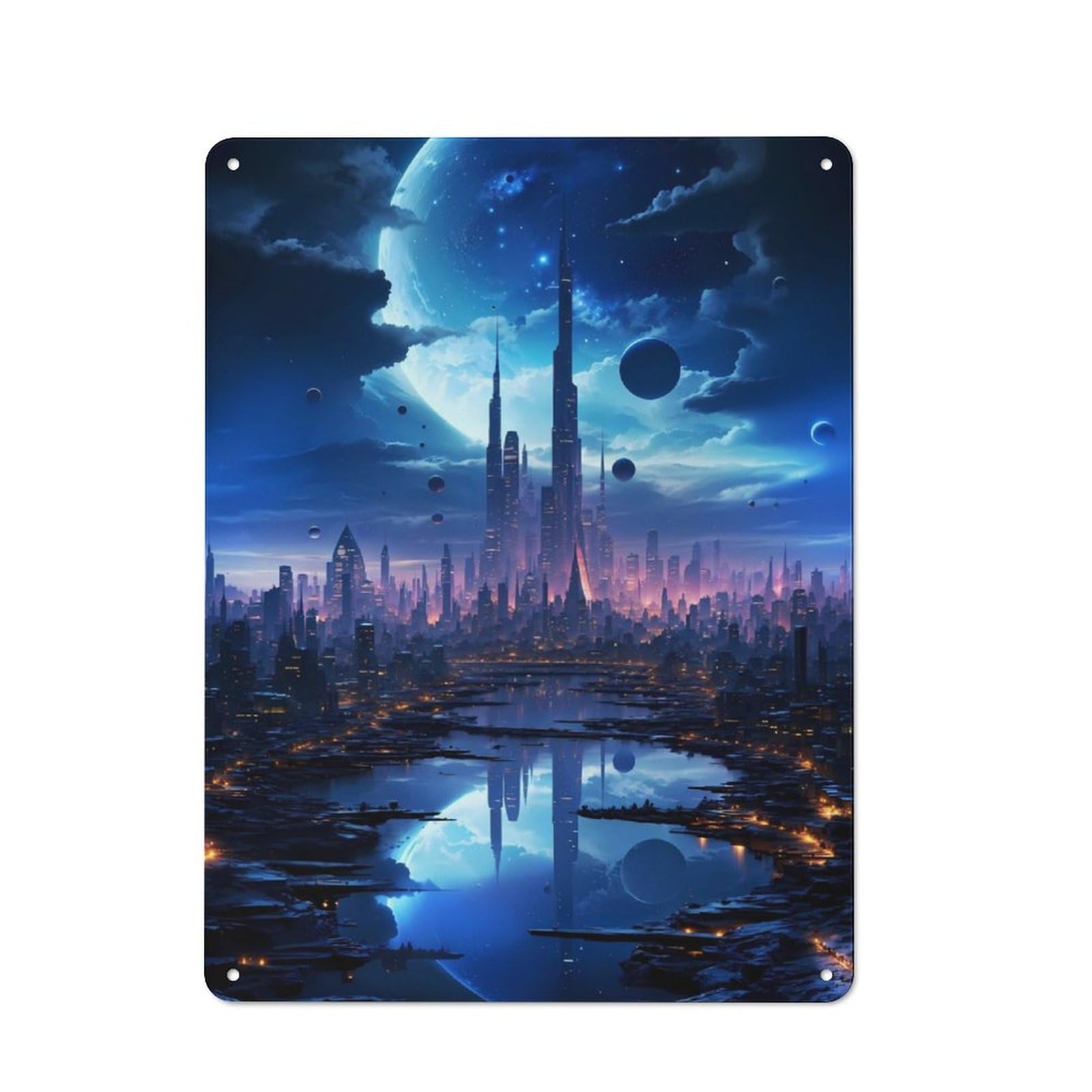 Junmoney Futuristic City Moon Night 40X30cm Vintage Metal Plaque With For Garage Or Workshop, A Christmas Gift For People Styling Garage And Workshop
