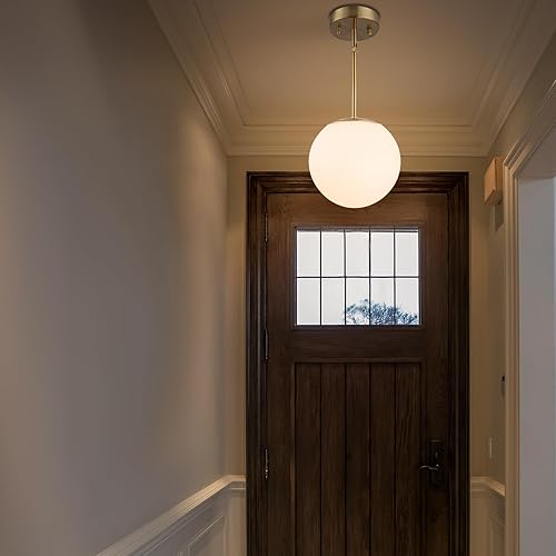 Miniatura 6 de Iluminación colgante moderna de mediados de siglo, lámpara colgante de globo dorado, 1 pantalla de vidrio blanco claro, acabado de latón cepillado,