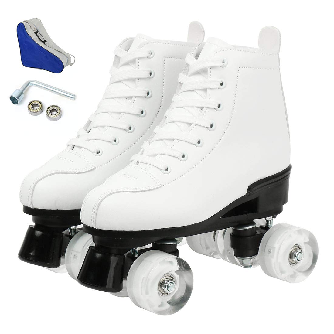 Magnitt Women's Roller Skates,Double Row Skates Adjustable Leather High-top Roller Skates Perfect Indoor Outdoor Adult Roller Skates with Bag（41=US9,White no Flash Wheel）