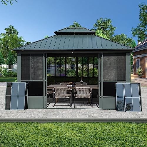 [12X14FT] Alora Haven Large Outdoor All-Season Wall-Mounted Sunroom With Galvanized Steel Roof & Moveable PVC Screen (SAK46475)