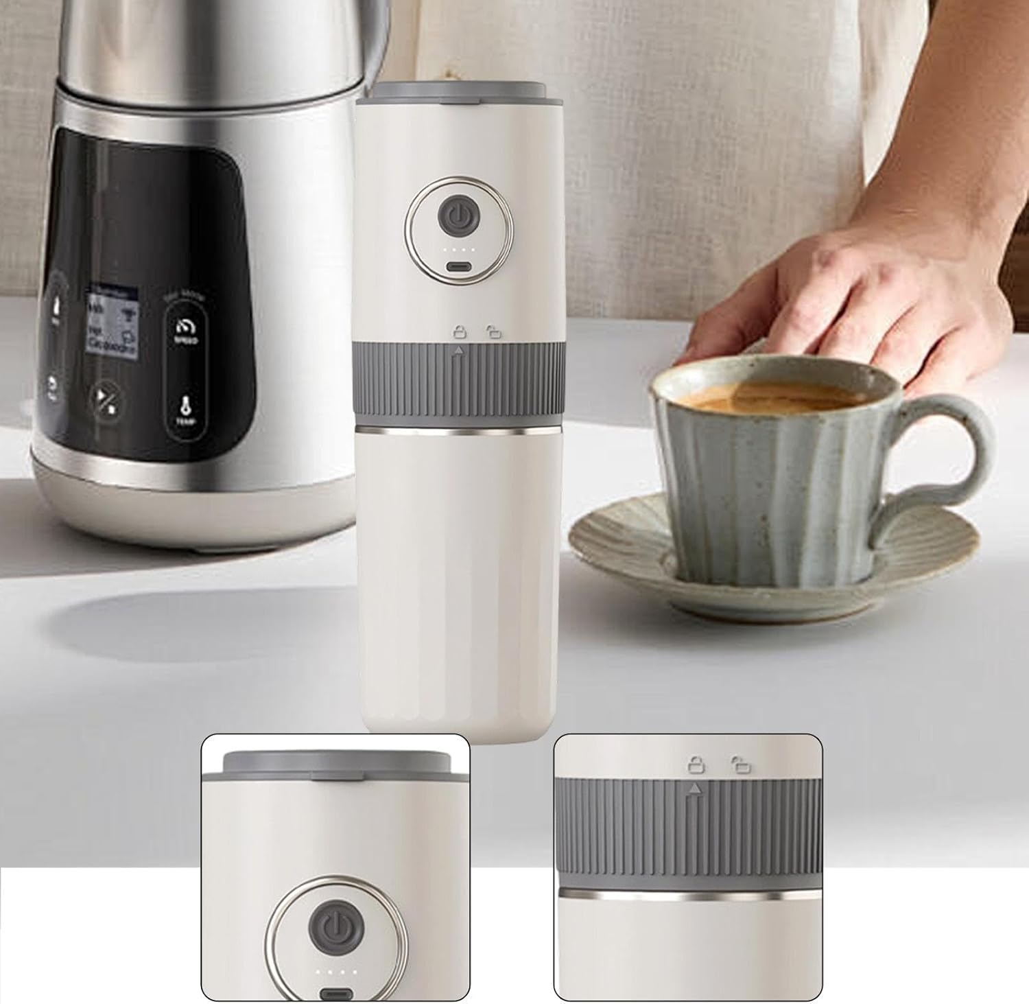 Portable Electric Coffee Maker with Grinder, Carafe, and Cup - Suitable for Fishing, Office, Home, Car, Camping, Hiking, and Picnics, Beige