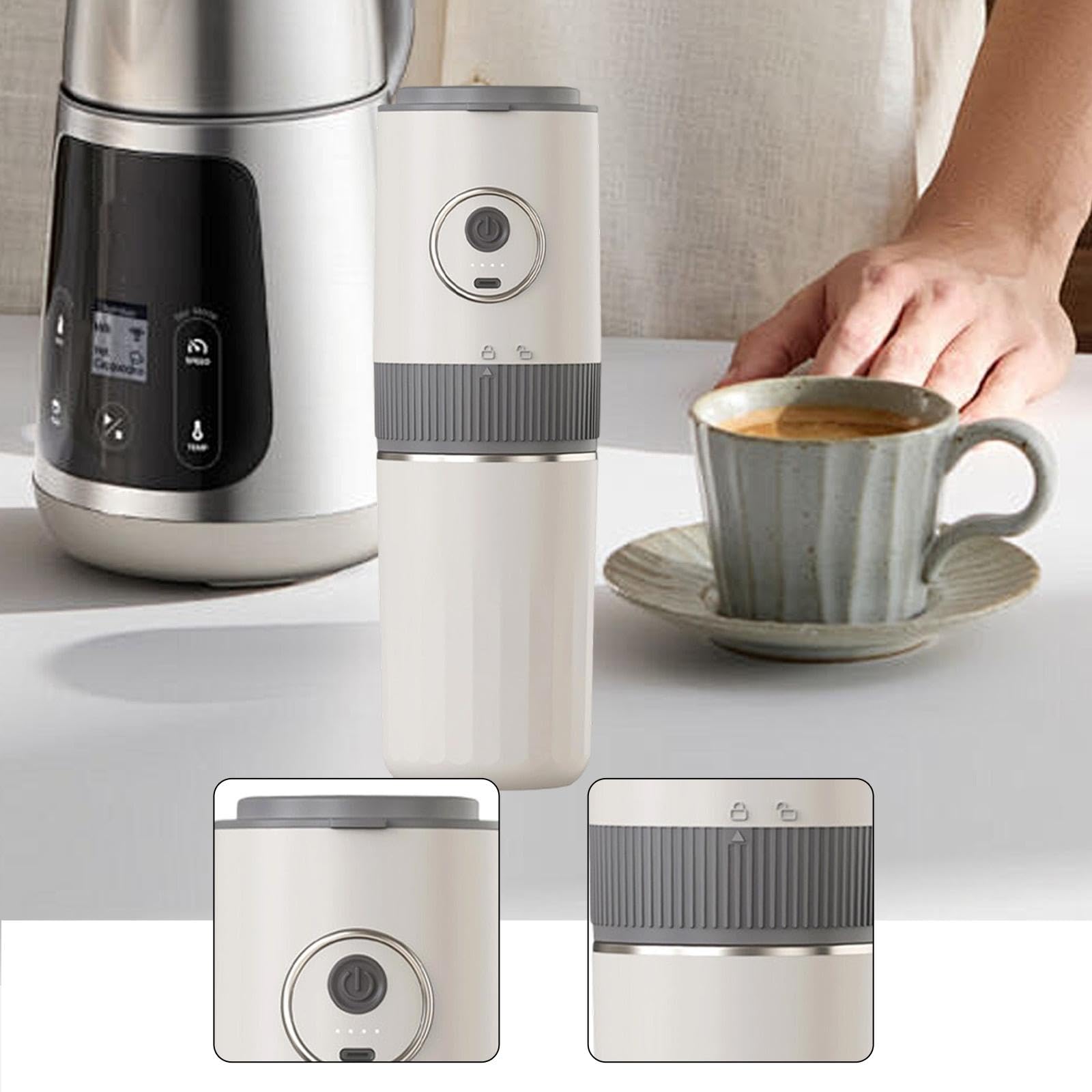 Cafetera Portátil Eléctrica con Molinillo de Café Integrado Filtro de Goteo Vaso Térmico y Batería Recargable Elaborada en PP y Acero Resistente, Beige, Individual