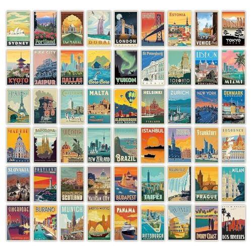 Image of Pack of 54 Travel Vintage Decor Posters Retro Popular Cities Poster for Wall Decor Aesthetic Post Cards (City Wall Collage Kit), 15.2 x 10.2 x 15.2 Cm