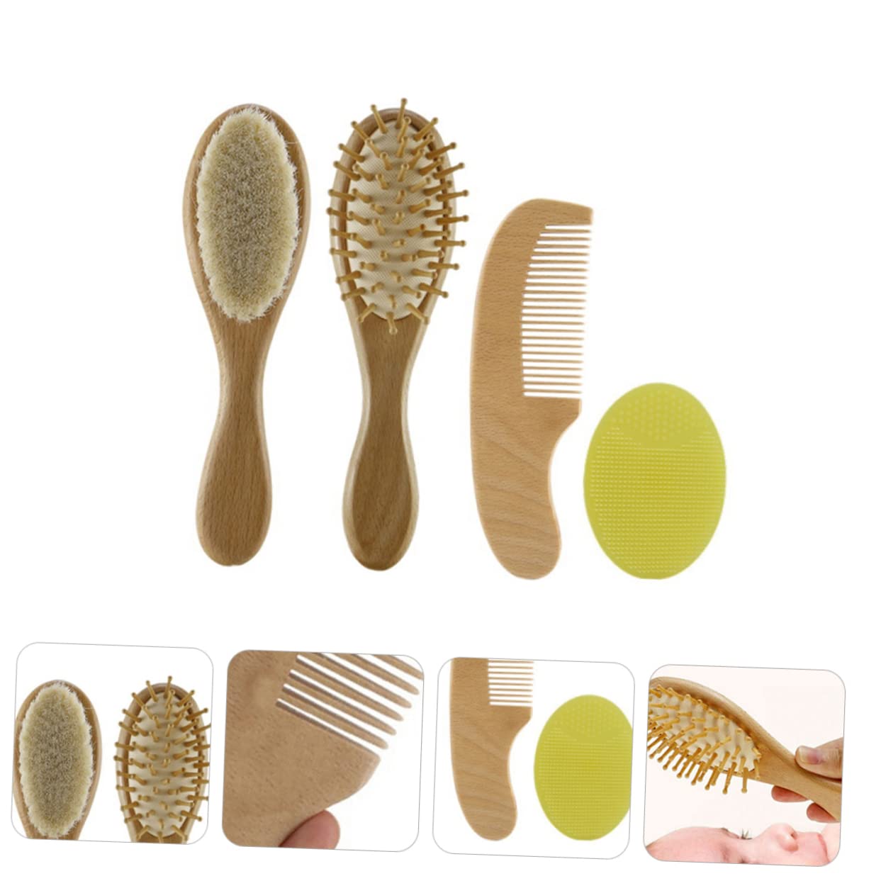 WOONEKY Wooden Baby Hair Brush Comb Set Boys and Girls Styling Comb Bath Set Gentle Scalp Care Wool Safe for Toddlers