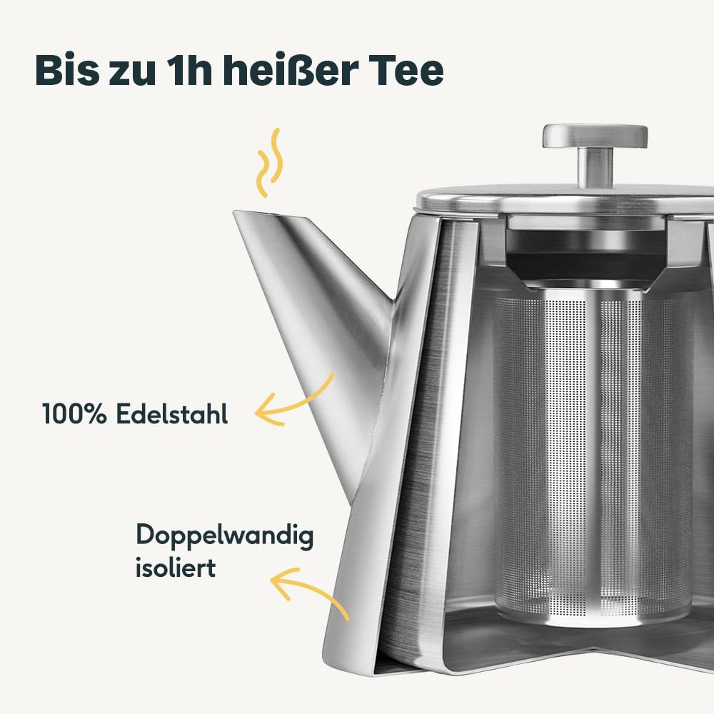 SILBERTHAL Teekanne mit Siebeinsatz (1L) Silber - Aus Edelstahl - Doppelwandige Kanne mit Deckel - Hält lange warm - Tee Geschenk