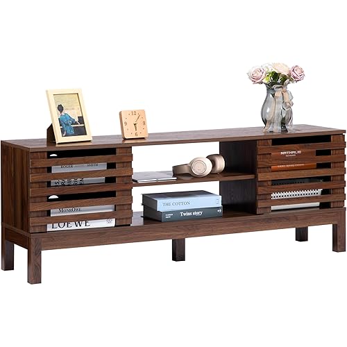 HollyHOME Wood TV Stand for TVs up to 65", Mid Century TV Stand with Storage, Modern Entertainment Center with Fence Door, Accent TV Media Console Table for Living Room, 53"(L), Retro Brown