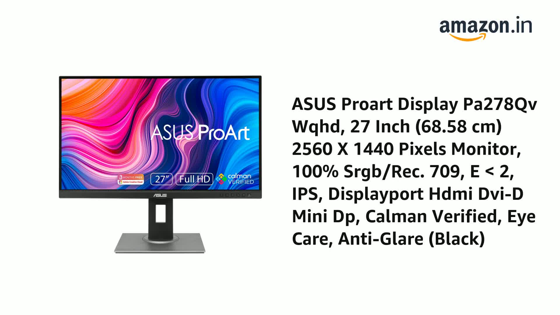ASUS Proart Display PA278QV WQHD, 27 Inch (68.58 Cm) 2560 X 1440