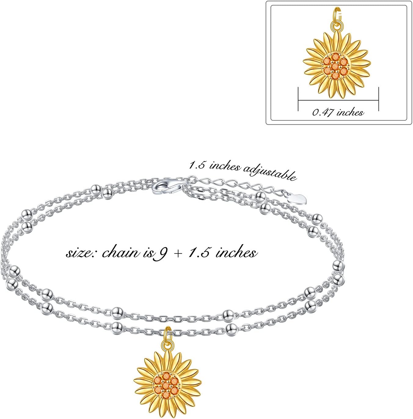Star Moon Layered Anklet 925 Sterling Silver Sunflower Airplane Mermaid Tail Anklets for Women Girls Adjustable Beads Crescent Ankle Bracelet Boho Beach Foot Chain Charm Jewelry - Image 7