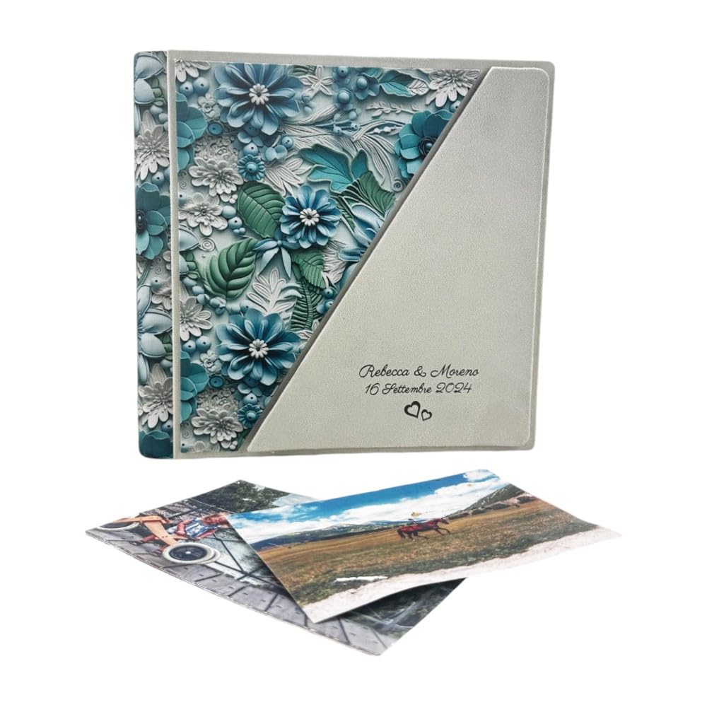 Album Fotografico Artigianale in Tessuto stampato 3D e Alcantara,Con o senza Incisione, classico con velina,Matrimonio,Compleanno,Wedding,Anniversario,Comunione,eventi (Inciso, Burro/Azzurro)
