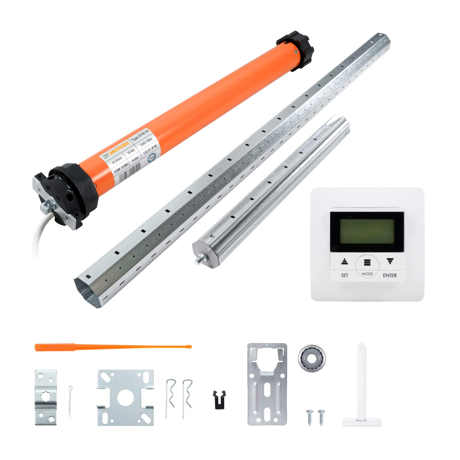 3T-MOTORS Rollladenmotor Komplettset mit Zeitschaltuhr, SW60 Welle 1,50 m, 3T45-10 (Zugkraft 10 Nm/25 kg) mit mechanischen Endschaltern, einfache Montage mit Zubehör, Rollladenantrieb
