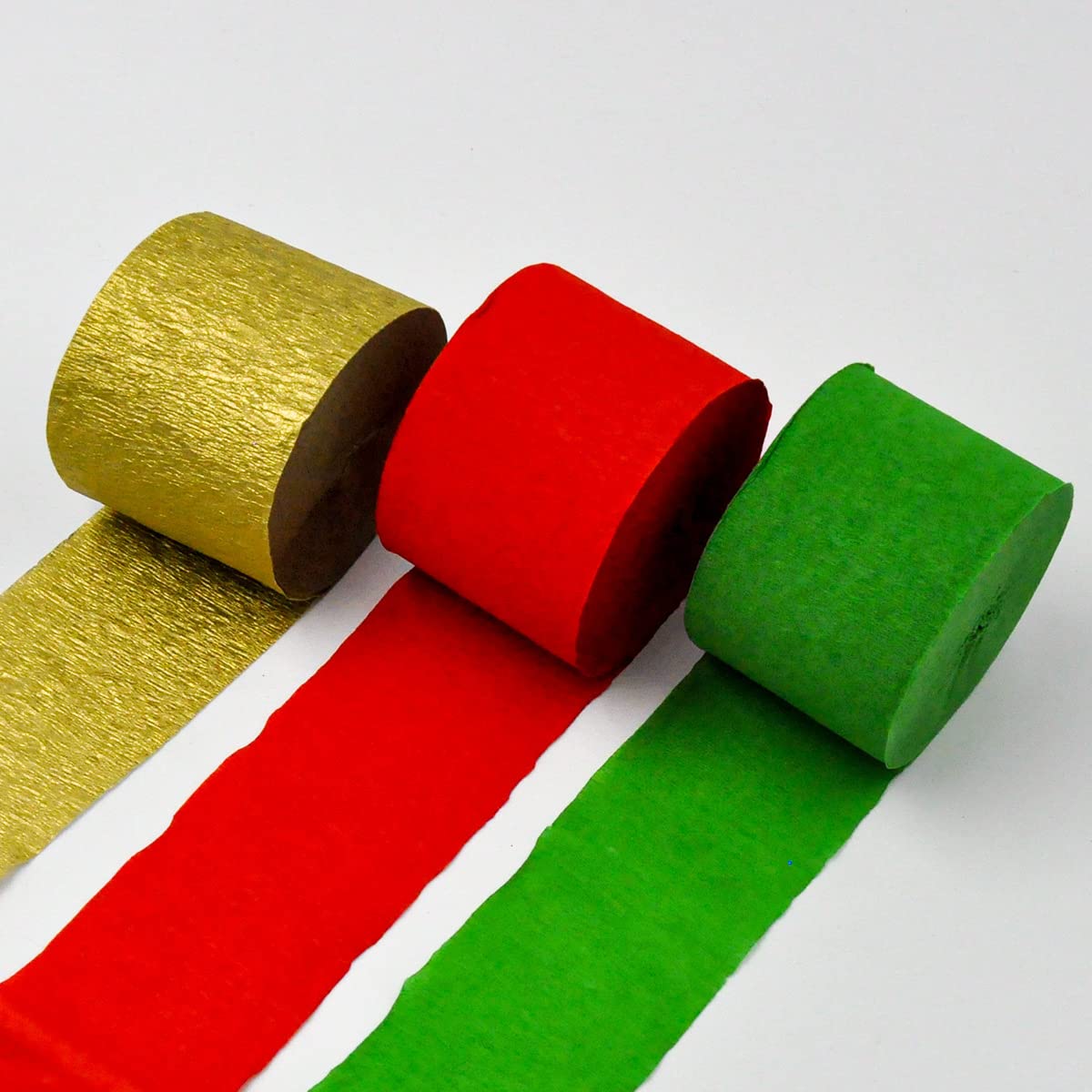 Namzi Crepe Paper Streamers 3 Rolls, Pack of Golden,Red?Green Crepe Paper for Birthday Decorations, Baby Shower Decorations (1.8 Inch x 72 Ft/Roll)