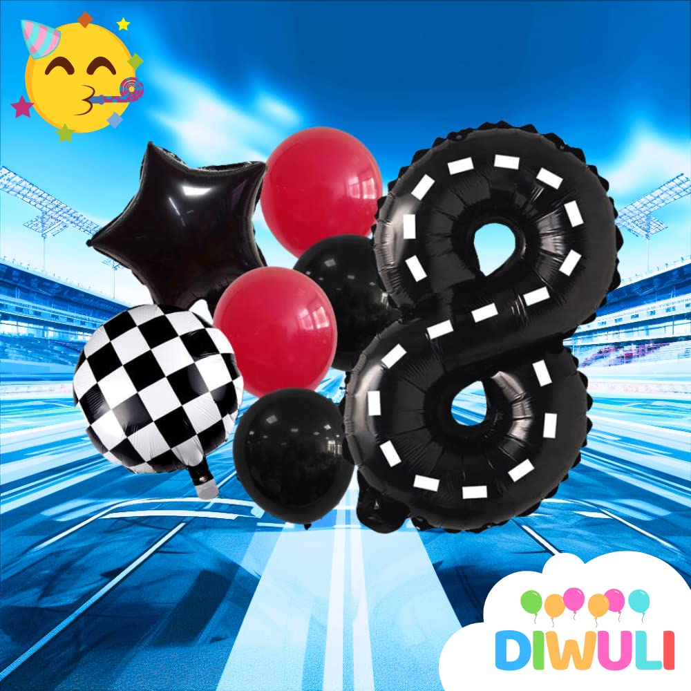 DIWULI Racing Motorsport verjaardagsdecoratie 8 jaar - racebaan nummerballon nummer 8 ballon, folieballonnen 8e kinderfeestvarken, decoratie, themafeest, feestdecoratie verjaardagsballonnen straat