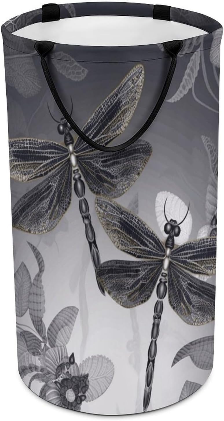 Dragonflies Grey Laundry Hamper with Handles Waterproof Collapsible Laundry Basket Large Lightweight Round Dirty Clothes Hamper for Home Dorm Bathroom Decor